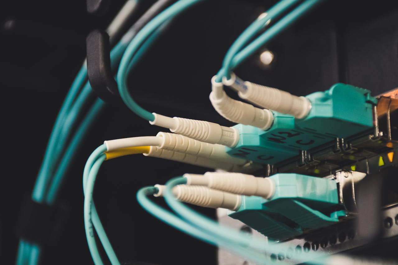 Services Detailed view of fiber optic cables and ports in a server room, showcasing connectivity.